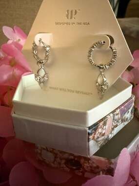 BIP Bejeweled & Mirrored Glow Lab Grown Milky White Opal Rhodium Plated Hoop Ear